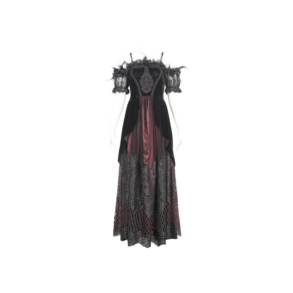 Devil Fashion - Gothic Suspender Long dress - Burgundy/Black